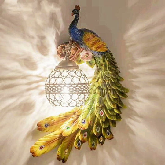 Peacock Wall Lamp Sconce - Classic Resin Fixture With Crystal Encrusted Shade Green