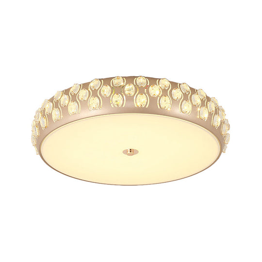Contemporary Gold Led Drum Ceiling Mount Light With Crystal Beads For Bedroom