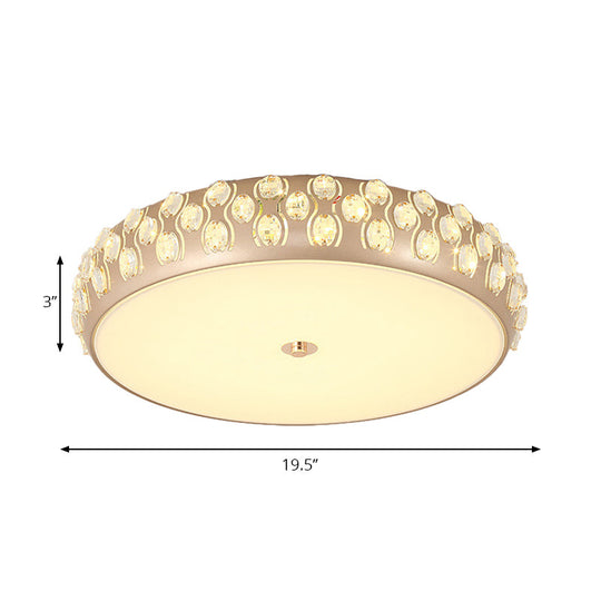 Contemporary Gold Led Drum Ceiling Mount Light With Crystal Beads For Bedroom