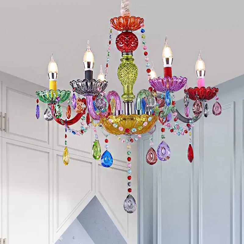 Multi-Colored Glass Chandelier With Teardrop Crystals For Kids Room Pendant Lighting