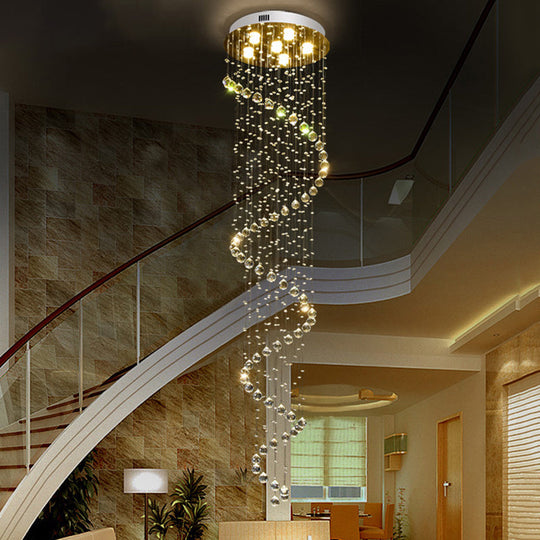 Contemporary Stainless Steel Spiral Ceiling Lamp With Crystal Beaded Flush Mount - 6 Bulbs 86.5 Tall