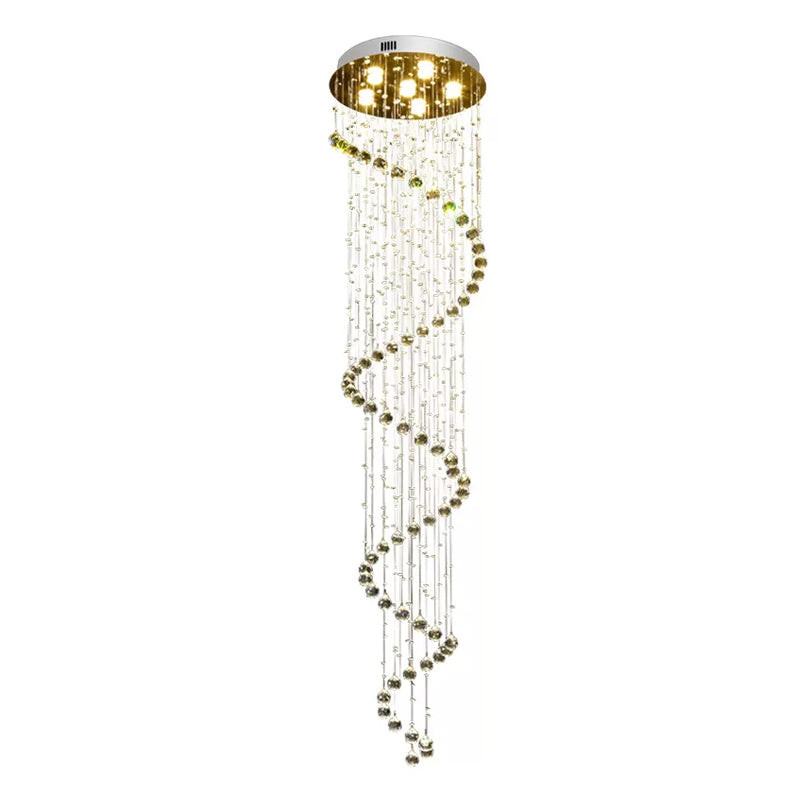 Contemporary Stainless Steel Spiral Ceiling Lamp With Crystal Beaded Flush Mount - 6 Bulbs 86.5’