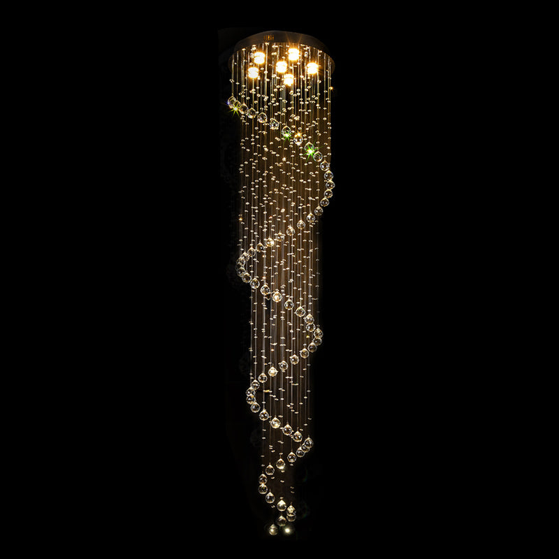 Contemporary Stainless Steel Spiral Ceiling Lamp With Crystal Beaded Flush Mount - 6 Bulbs 86.5 Tall