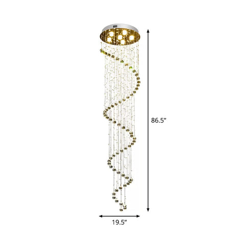 Contemporary Stainless Steel Spiral Ceiling Lamp With Crystal Beaded Flush Mount - 6 Bulbs 86.5 Tall