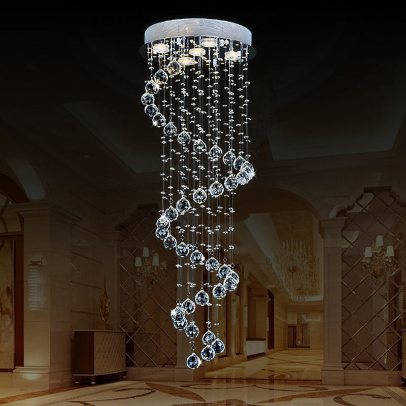 Modern Crystal Draping Ceiling Light With Stainless Steel Spiral Design - 1/3/5 Bulbs