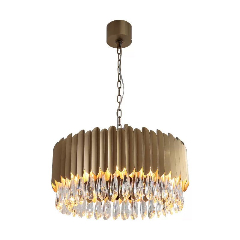 Minimalist Metal Drum Led Pendant Chandelier With Crystal Drip - 23.5/31.5 Width Black/Gold