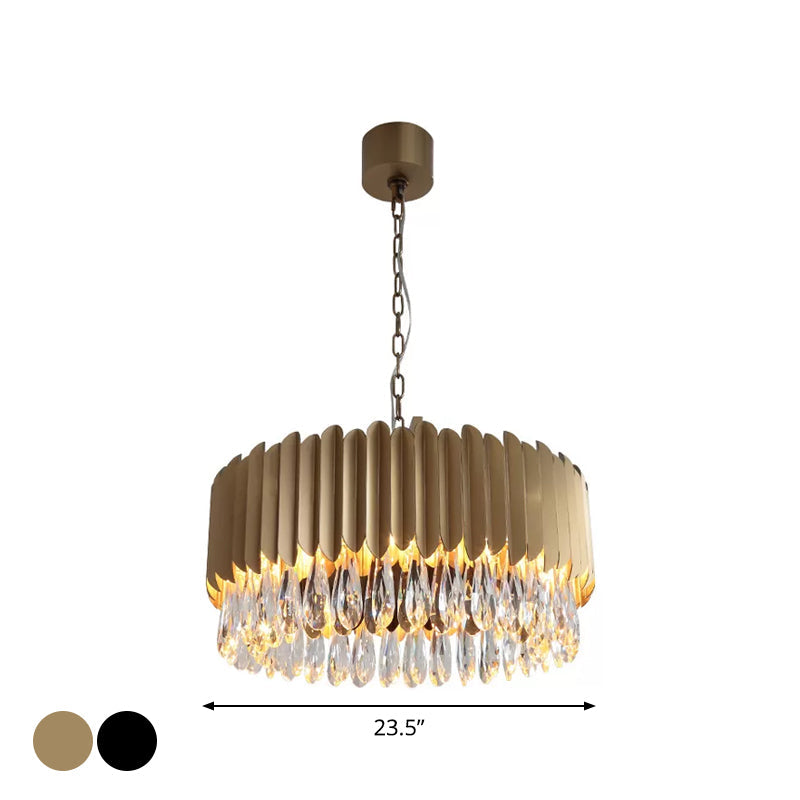 Minimalist Metal Drum Led Pendant Chandelier With Crystal Drip - 23.5/31.5 Width Black/Gold
