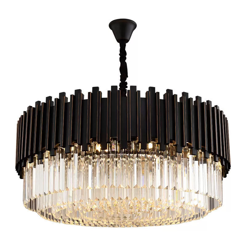 Modern Black Crystal Chandelier - Drum Shaped Pendant Lamp For Bedroom 8/12/16-Bulb Options