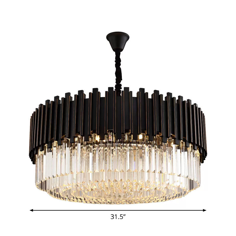 Modern Black Crystal Chandelier - Drum Shaped Pendant Lamp For Bedroom 8/12/16-Bulb Options