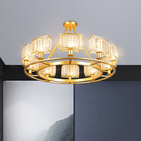 Modern Gold Circle Chandelier Pendant Light With Clear Crystal Prisms - 6/8/10 Bulb Dining Room