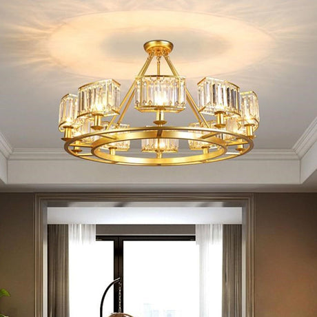 Modern Gold Circle Chandelier Pendant Light With Clear Crystal Prisms - 6/8/10 Bulb Dining Room