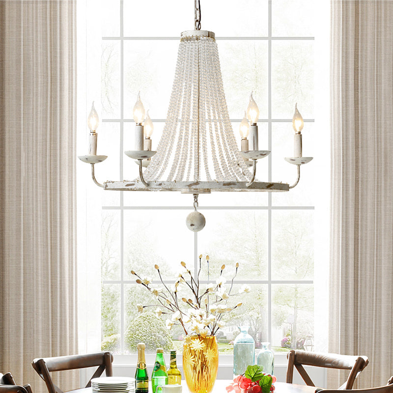 Rustic Wood Bead Chandelier With Clear Crystals - Vintage Wagon Wheel Pendant Light For Living Room