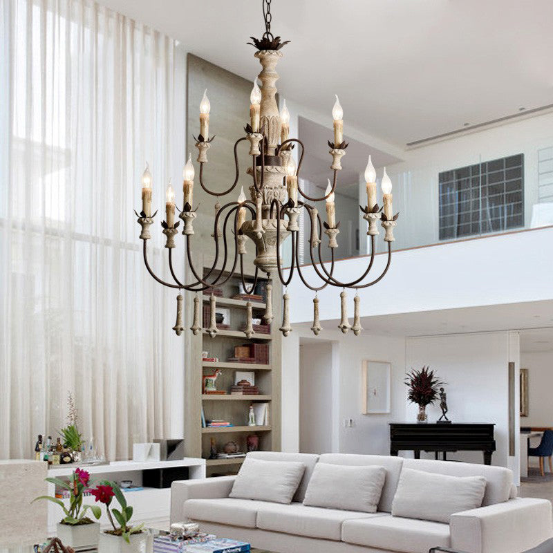 Country Distressed Wood Pendant Chandelier With Scrolled Arm - Living Room Hanging Light Kit