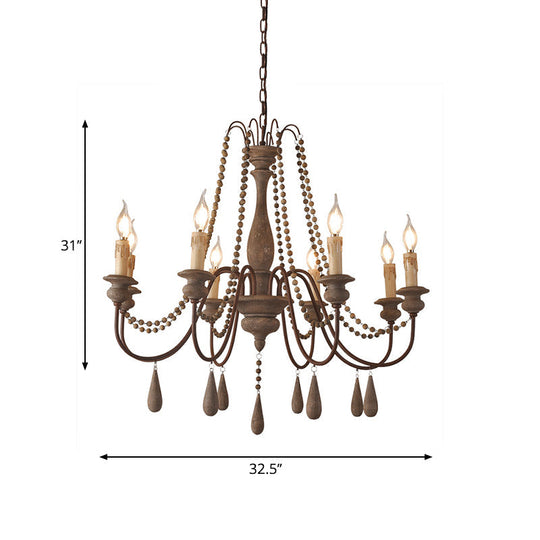 Countryside Distressed Wood Hanging Chandelier With Bead Strand Candelabra Design