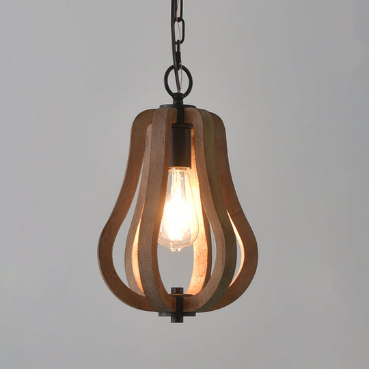 Traditional Wood Geometric Cage Pendant Light For Living Room