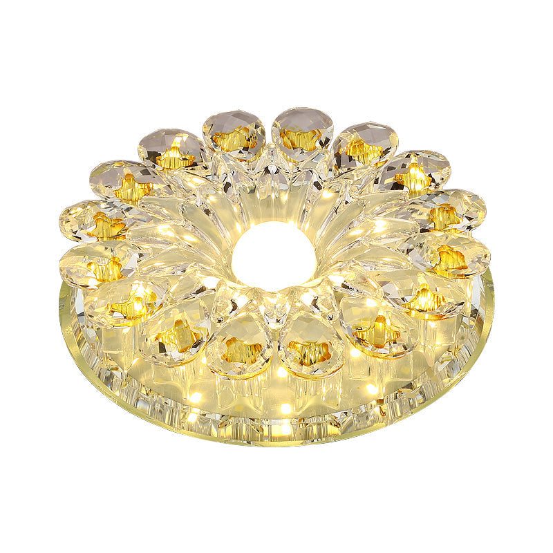 Lotus Crystal Led Flush Mount Lamp - Contemporary Close To Ceiling Light In Chrome