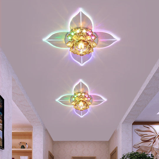 Minimal Led Flower Flush Mount Light: Clear Crystal Ceiling Lamp For Porch