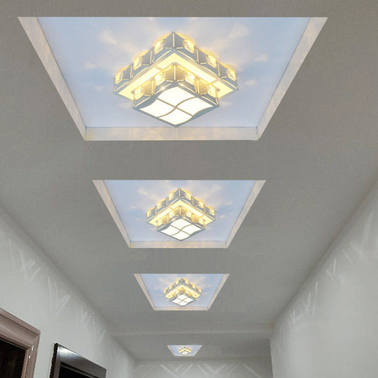 Modern 2-Tier Geometric Led Crystal Flush Light Fixture Chrome / Square Plate
