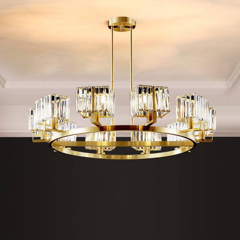 Golden Crystal Rectangle Pendant Chandelier - Sleek Dining Room Lighting Fixture With 4/8/10 Bulbs