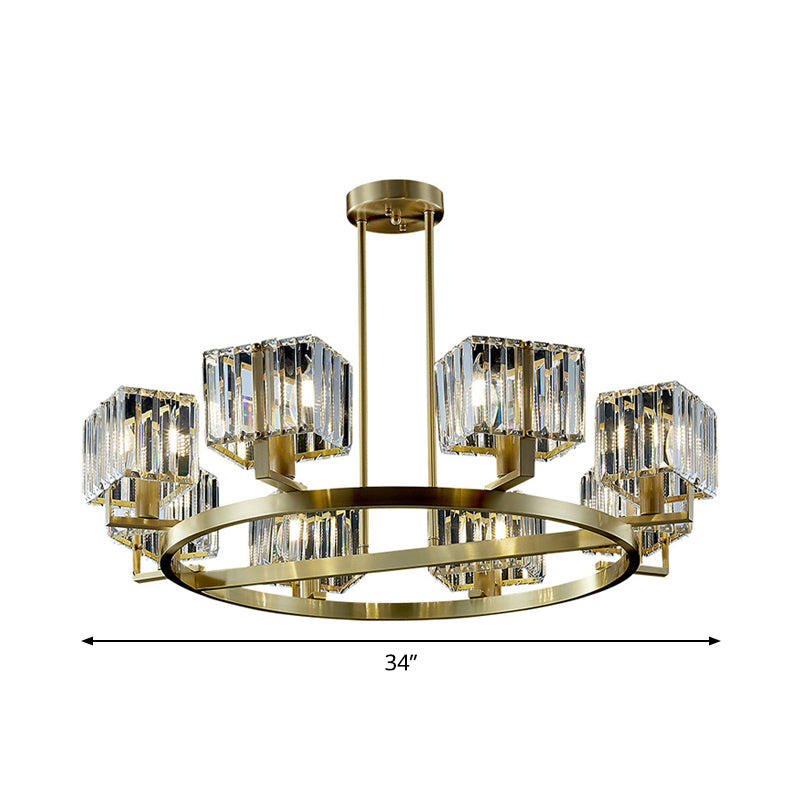 Golden Crystal Rectangle Pendant Chandelier - Sleek Dining Room Lighting Fixture With 4/8/10 Bulbs