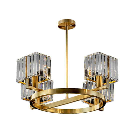Golden Crystal Rectangle Pendant Chandelier - Sleek Dining Room Lighting Fixture With 4/8/10 Bulbs