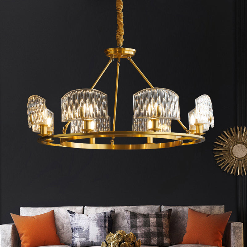Gold Textured Glass Circle Pendant Light - Mid-Century Chandelier With 6/8/10 Lights For Living Room