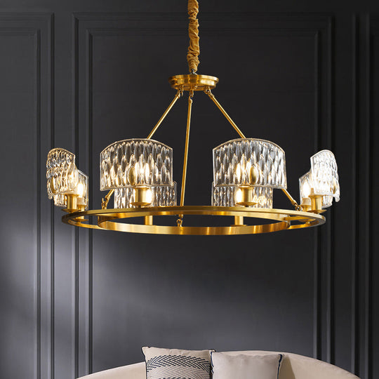 Mid-Century Textured Glass Circle Pendant Light With 6/8/10 Lights In Gold For Living Room