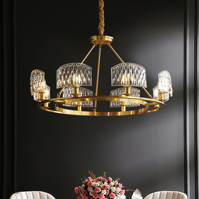 Gold Textured Glass Circle Pendant Light - Mid-Century Chandelier With 6/8/10 Lights For Living Room