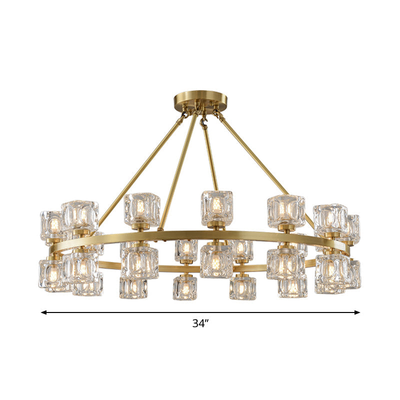 Postmodern Crystal Cube Gold Chandelier - Circle Dining Pendant With 6/12/28 Lights