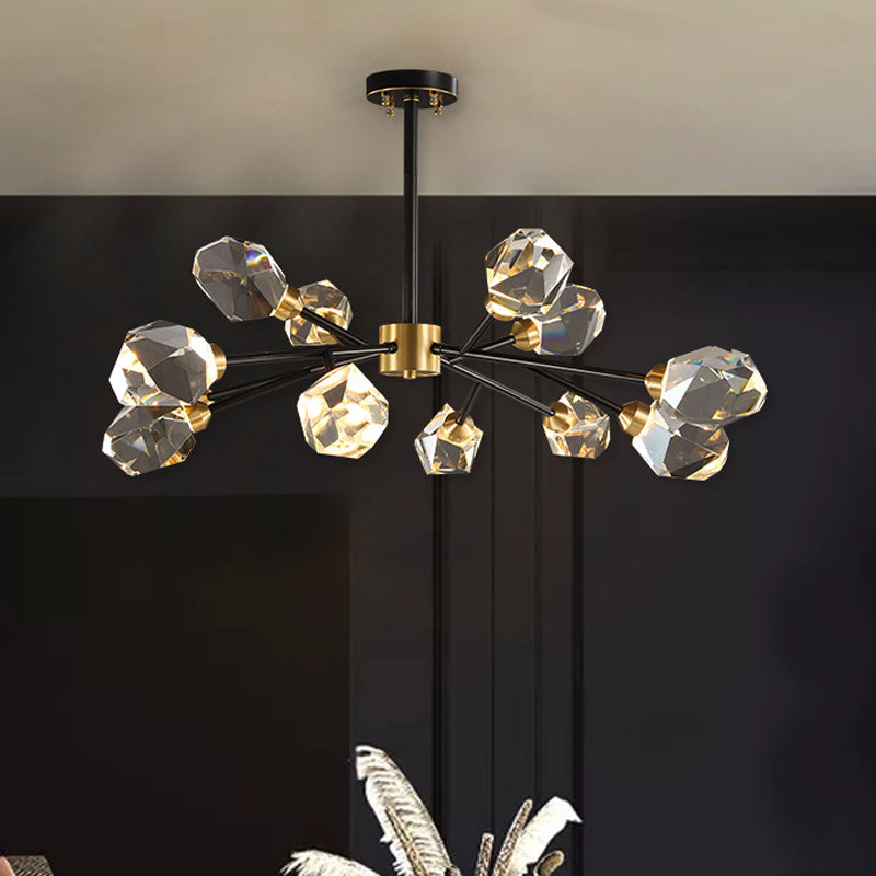 Modern Brass Gem Shaped Clear Crystal Pendant Chandelier - 9-Bulb Light Fixture For Living Room