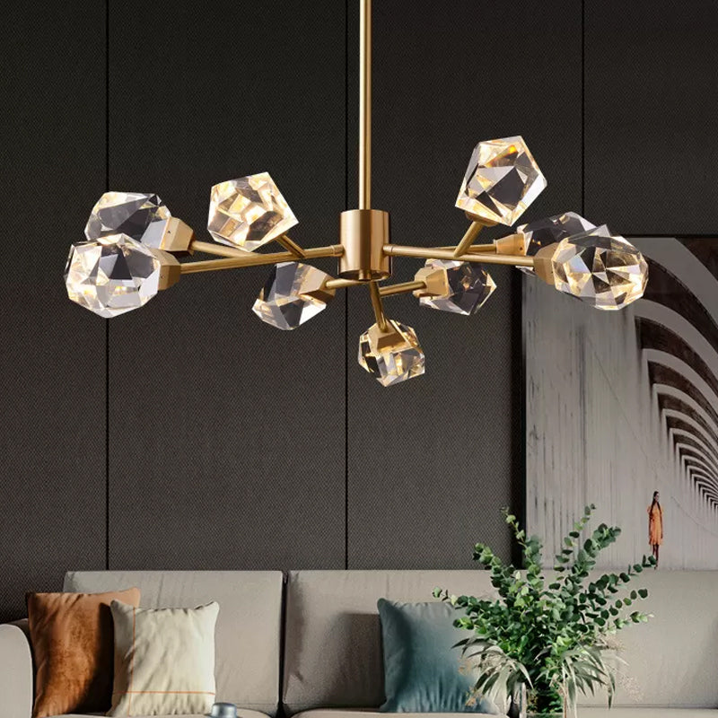 Modern Brass Gem Shaped Clear Crystal Pendant Chandelier - 9-Bulb Light Fixture For Living Room