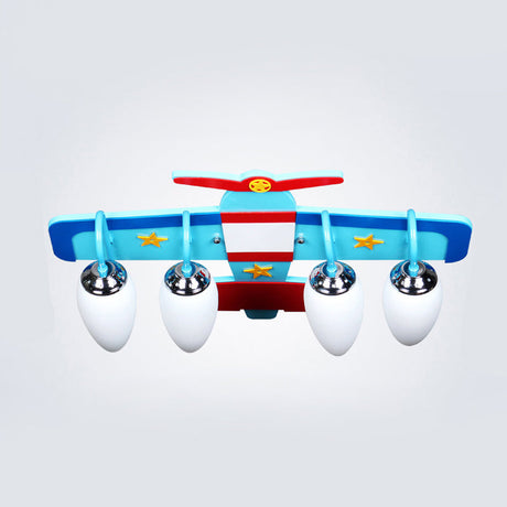 Blue Wooden Propeller Plane Ceiling Lamp With 4 Cartoon Heads - Theme Park Flush Mount Light