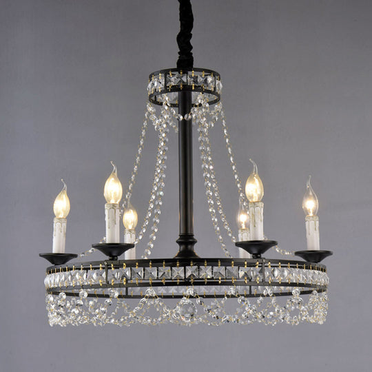 Country-Style Crystal Chandelier With Black Pendant Lamp And Wagon Wheel Design