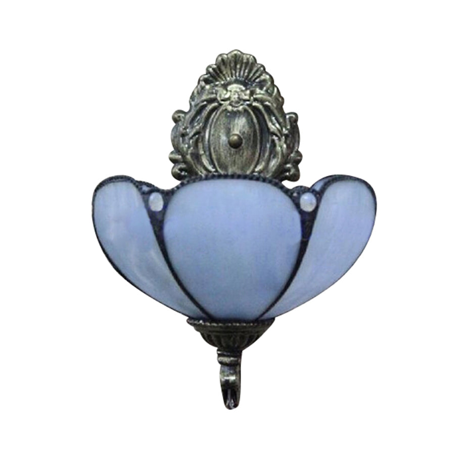 Floral Stained Glass Wall Sconce Light In Antique Brass - Blue/Beige Shade With 1 Head Mount