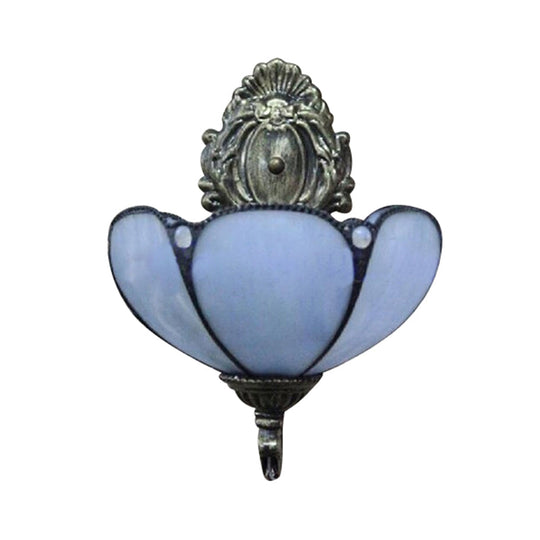 Floral Stained Glass Wall Sconce Light In Antique Brass - Blue/Beige Shade With 1 Head Mount