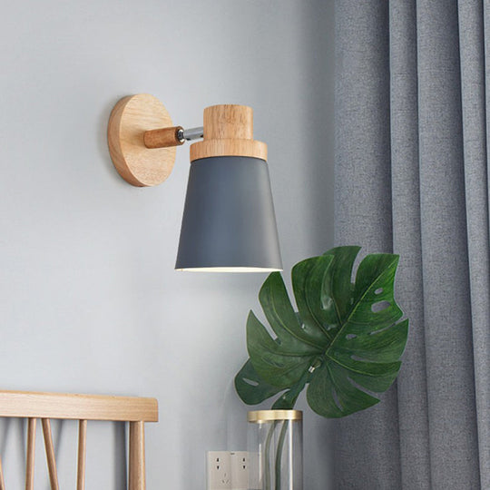 Minimalist Metal 1-Head Barrel Wall Lamp Sconce With Wood Backplate - Stylish Living Room Light