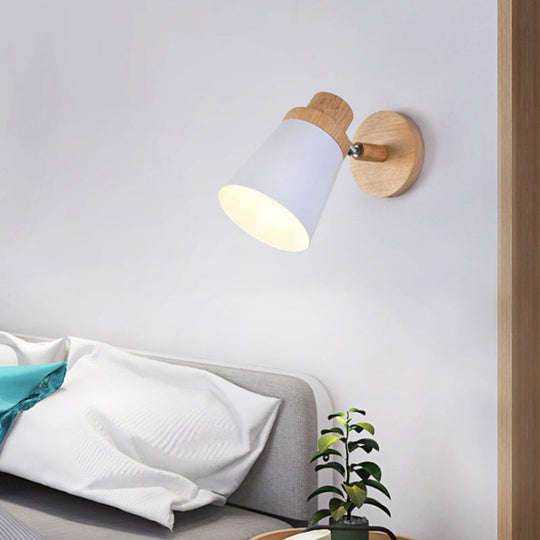 Minimalist Metal 1-Head Barrel Wall Lamp Sconce With Wood Backplate - Stylish Living Room Light