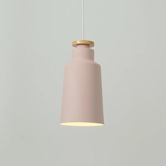 Modernist Barrel Wood Suspension Lamp With Metal Shade - 1 Bulb Drop Lighting Fixture Pink / C