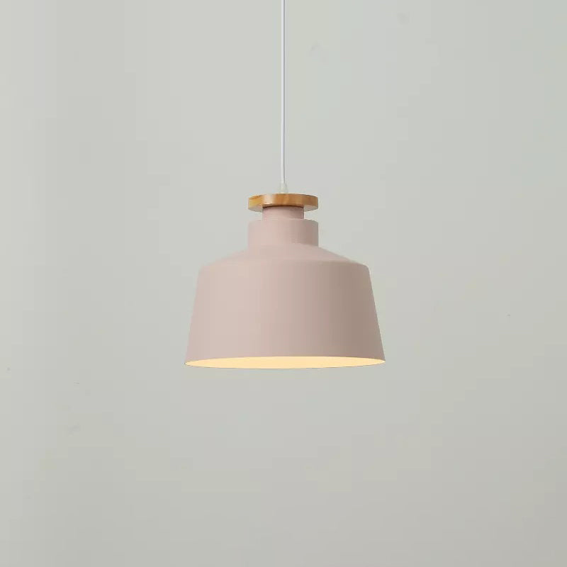 Sleek 1-Light Modernist Drop Lamp With Barrel Wood Suspension And Metal Shade Pink / B