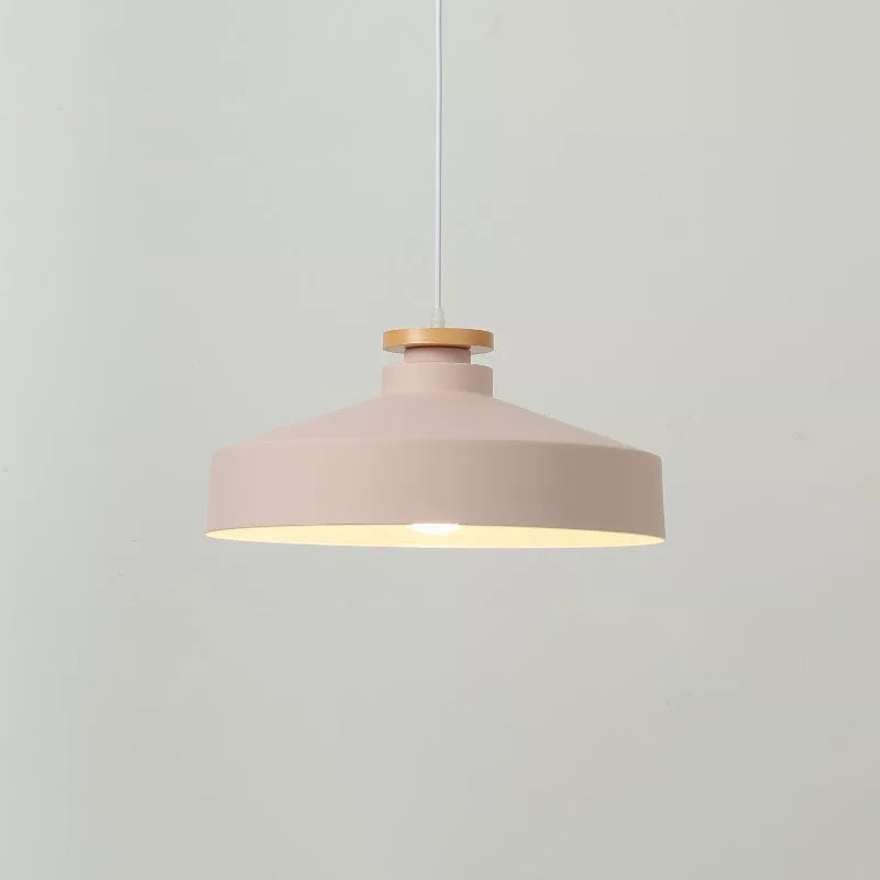 Sleek 1-Light Modernist Drop Lamp With Barrel Wood Suspension And Metal Shade Pink / A
