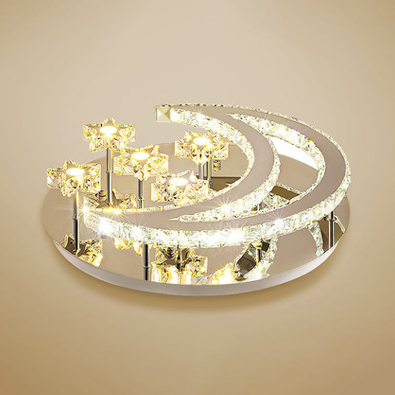 Contemporary Chrome Flush Light With Clear Crystal Moon And Star Design - Led Close To Ceiling Lamp
