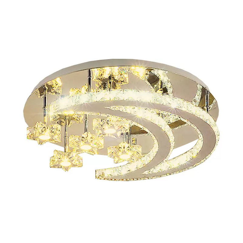 Contemporary Chrome Flush Light With Clear Crystal Moon And Star Design - Led Close To Ceiling Lamp
