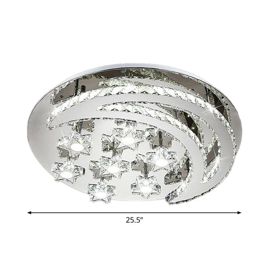 Contemporary Chrome Flush Light With Clear Crystal Moon And Star Design - Led Close To Ceiling Lamp