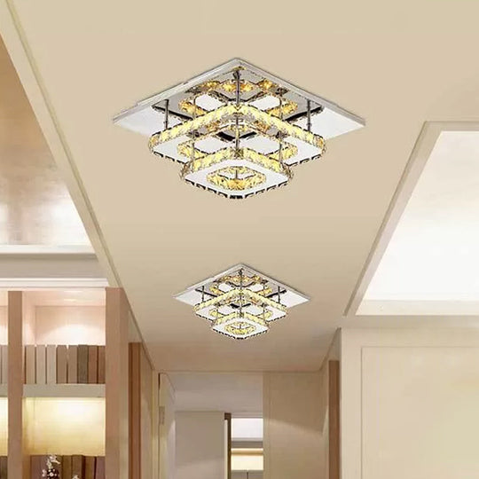 Modern Led Crystal Flush Mount Ceiling Light With Beveled Square Design For Corridor Chrome Finish