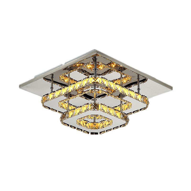 Modern Led Crystal Flush Mount Ceiling Light With Beveled Square Design For Corridor Chrome Finish