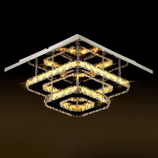 Modern Led Crystal Flush Mount Ceiling Light With Beveled Square Design For Corridor Chrome Finish