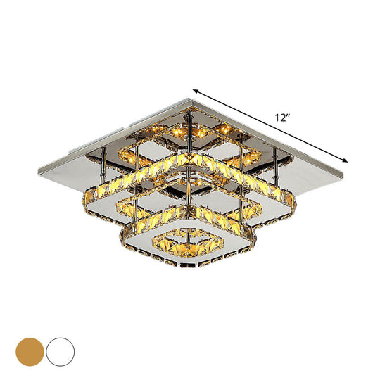 Modern Led Crystal Flush Mount Ceiling Light With Beveled Square Design For Corridor Chrome Finish