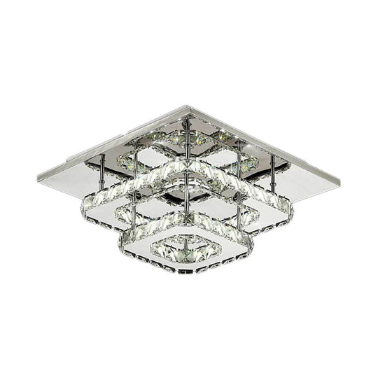 Modern Led Crystal Flush Mount Ceiling Light With Beveled Square Design For Corridor Chrome Finish