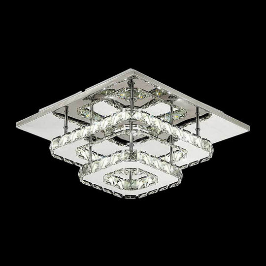 Modern Led Crystal Flush Mount Ceiling Light With Beveled Square Design For Corridor Chrome Finish