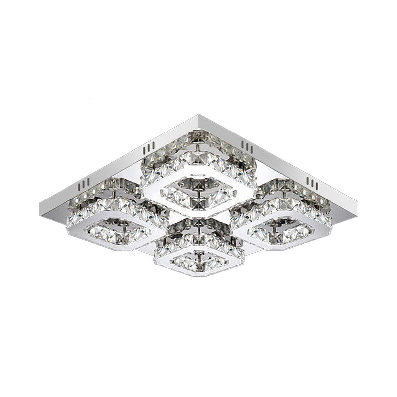 Modern Style Chrome Flush Ceiling Light With Faceted Crystal - Block Flushmount Lighting